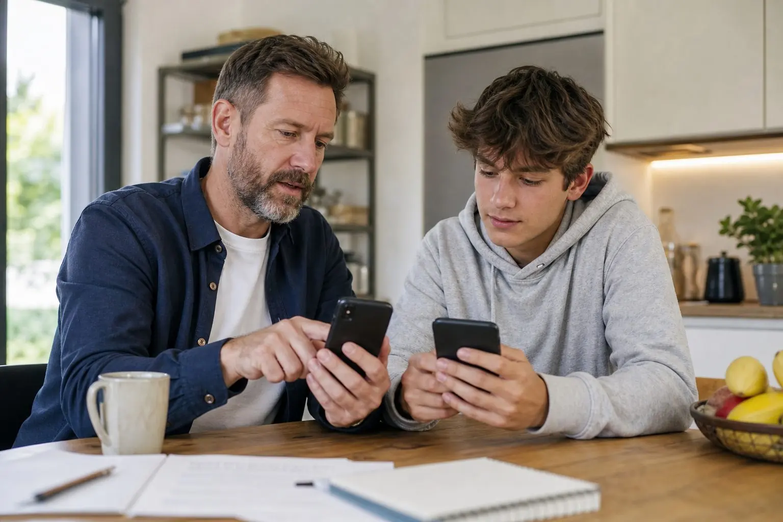 Deux personnes consultant un smartphone à côté d’un ordinateur