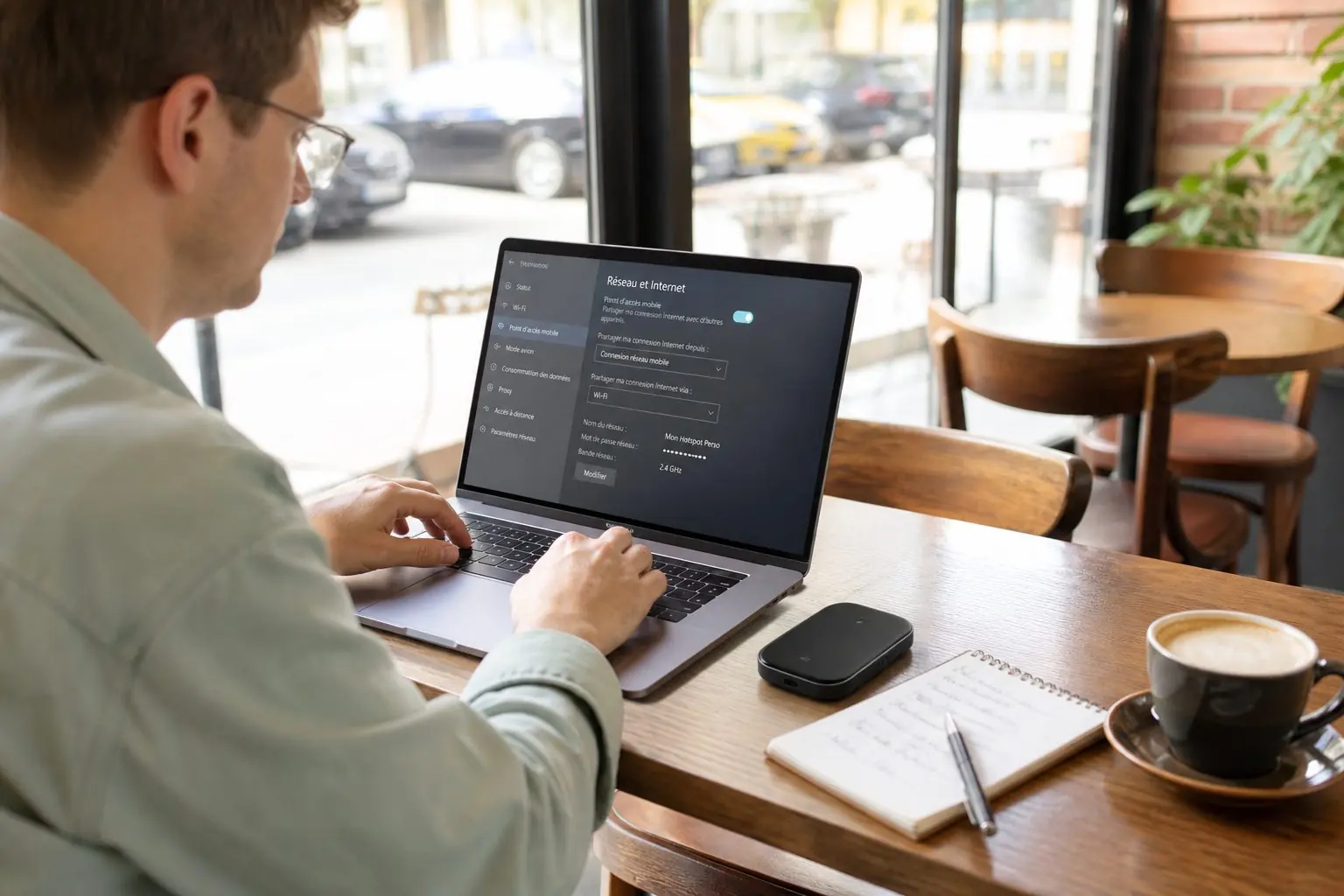 Personne consultant des données sur ordinateur dans un café
