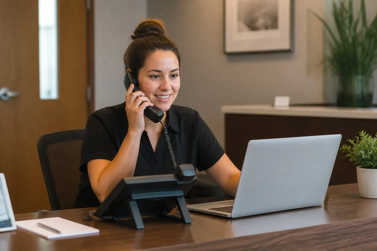 Personne utilisant un téléphone de bureau dans une entreprise