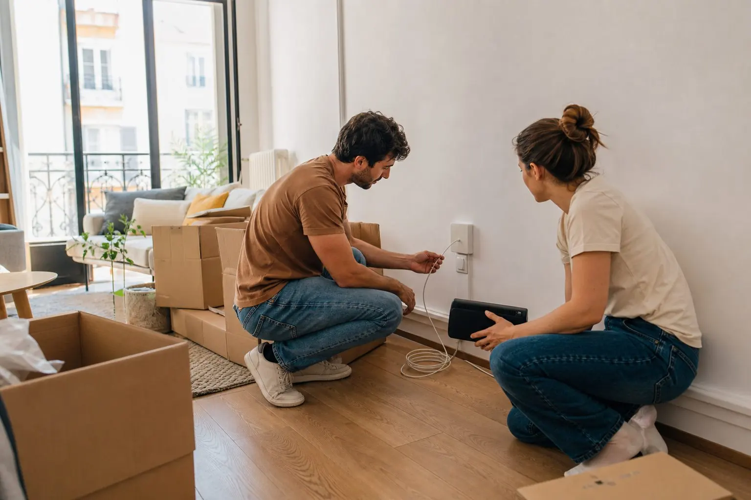Deux personnes préparant leurs équipements dans un logement avec des cartons