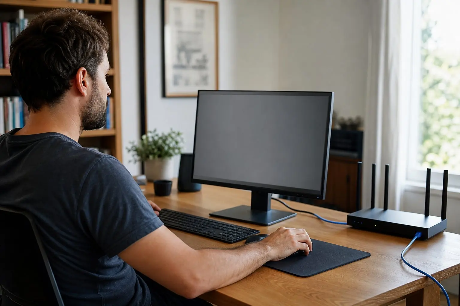 Personne utilisant un ordinateur de bureau à domicile