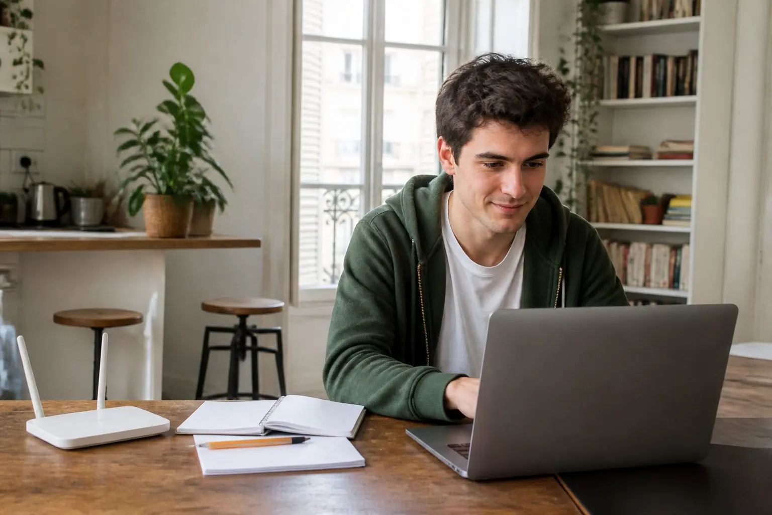Personne travaillant sur un ordinateur portable dans un logement