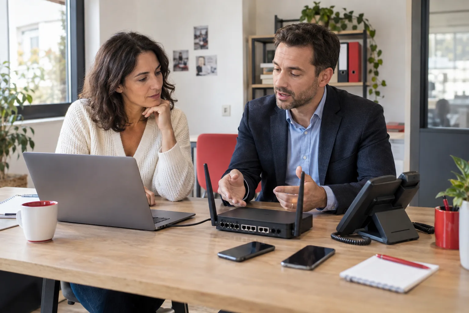 Conseillère et professionnel préparant des équipements télécoms sur un bureau
