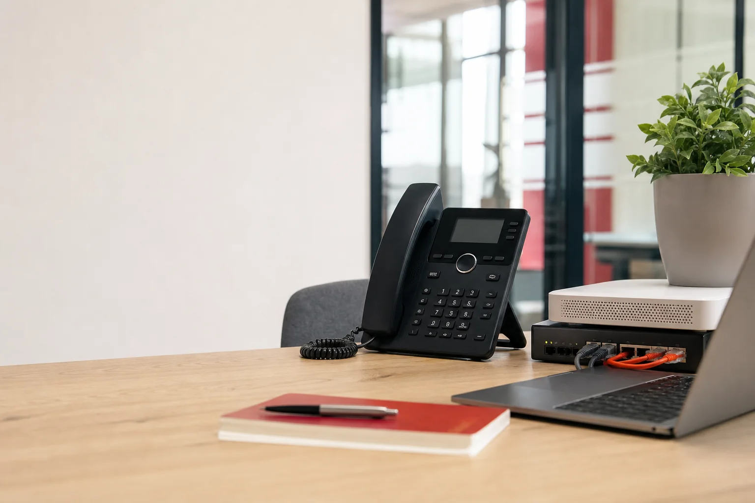 Téléphone IP et ordinateur dans un espace de travail