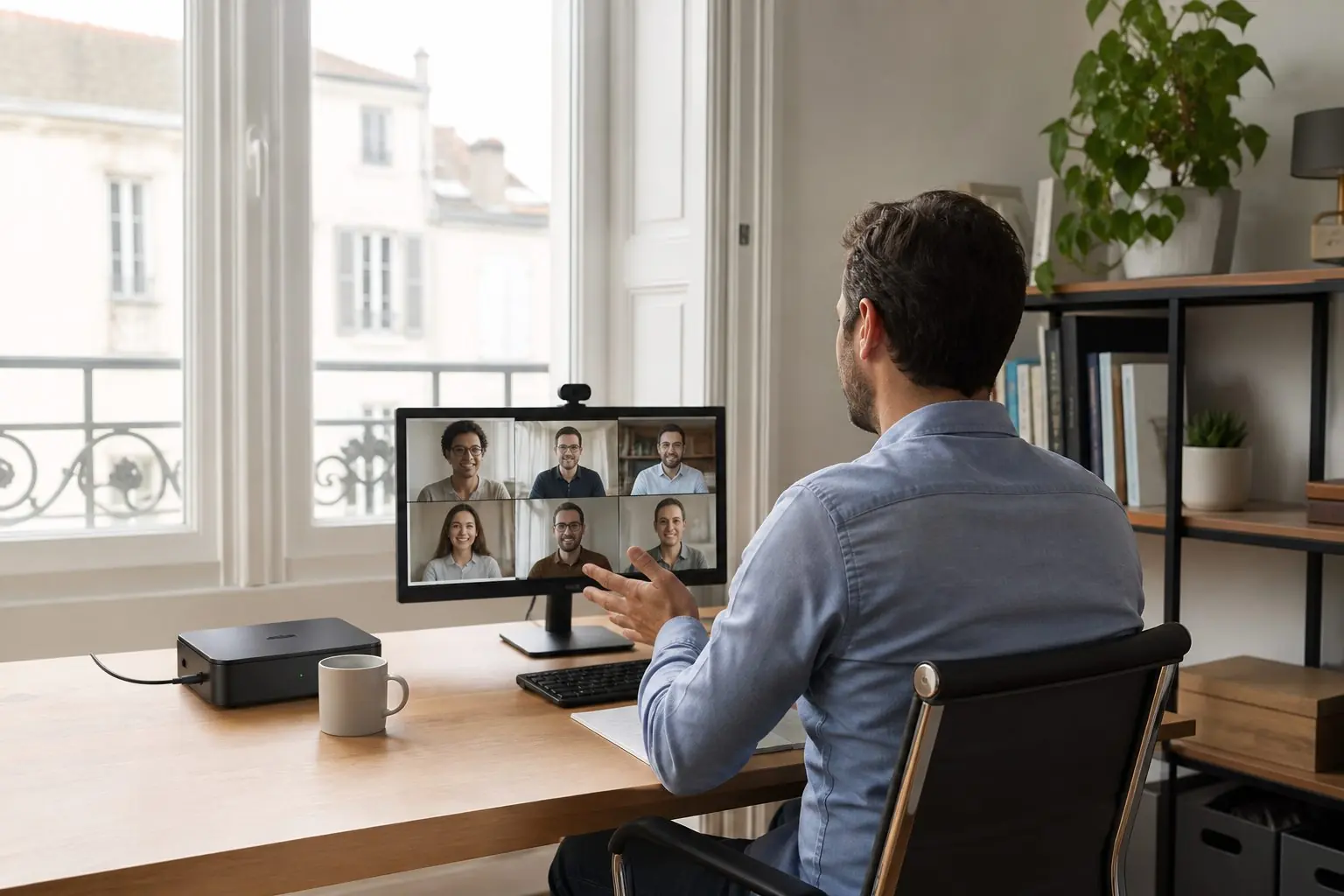 Personne en visioconférence sur un ordinateur près d’une box