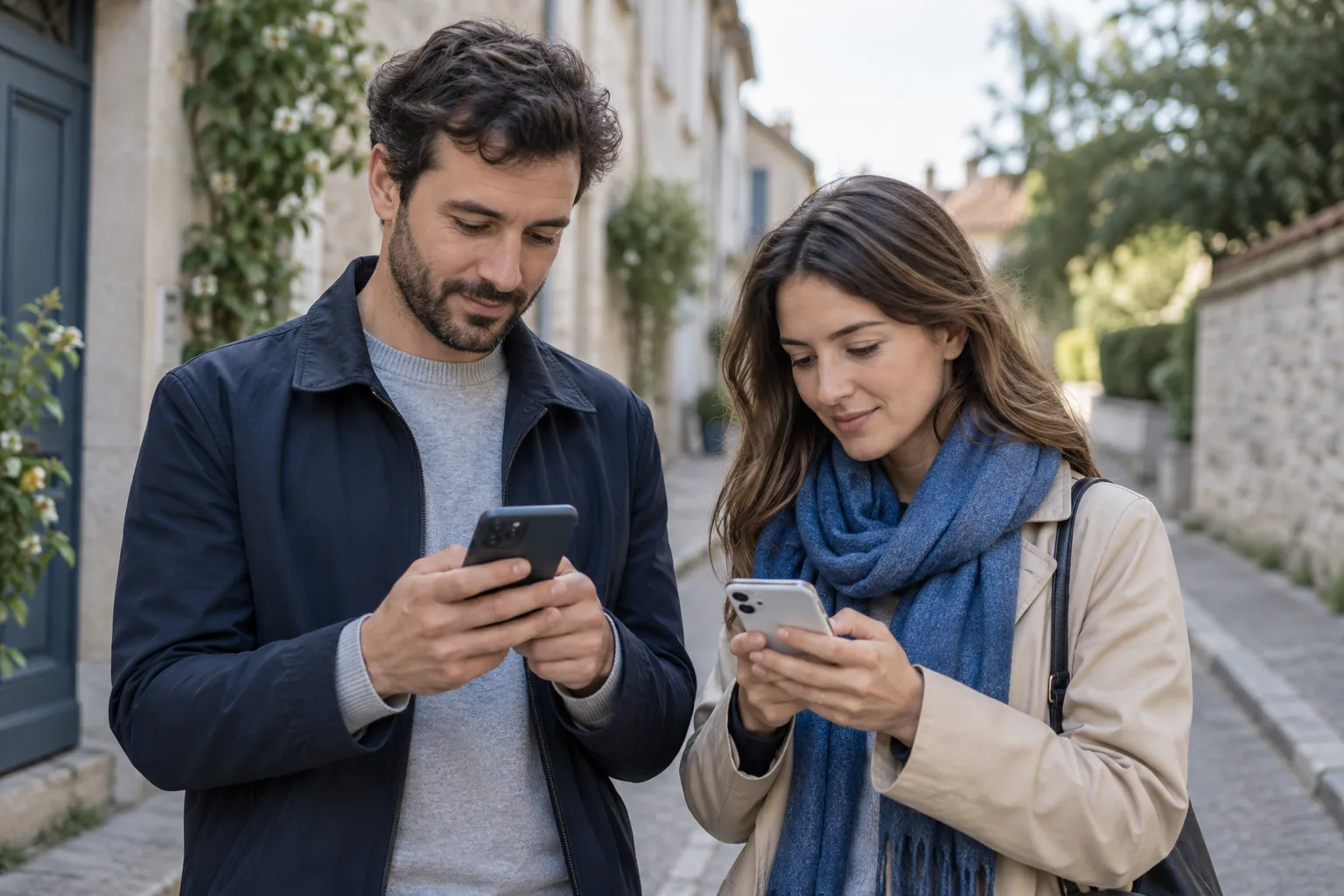 Deux personnes vérifiant leurs smartphones dans une rue