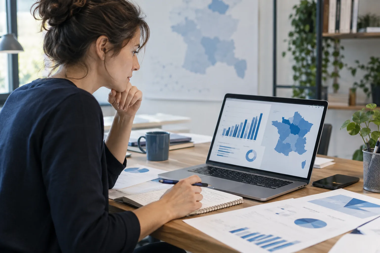 Chercheur consultant des graphiques et une carte sur un ordinateur