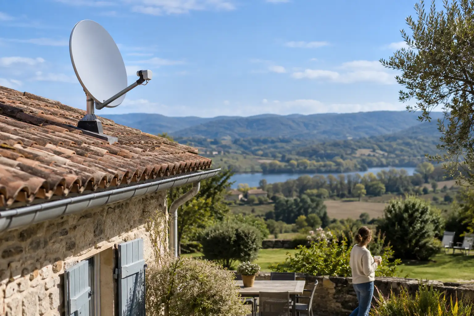 Antenne satellite sur le toit d’une maison rurale au milieu d’un jardin