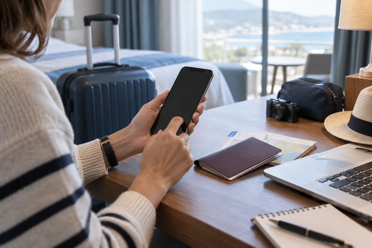 Voyageuse préparant son smartphone et ses documents près d’une valise