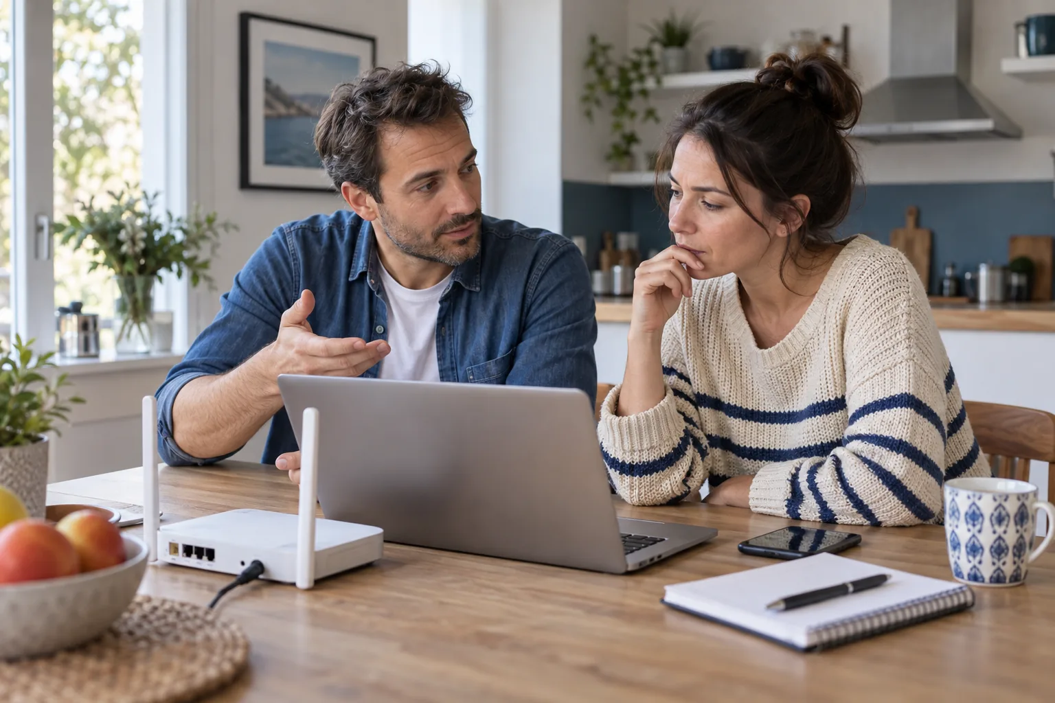 Deux personnes discutent de leur connexion devant un ordinateur et une box