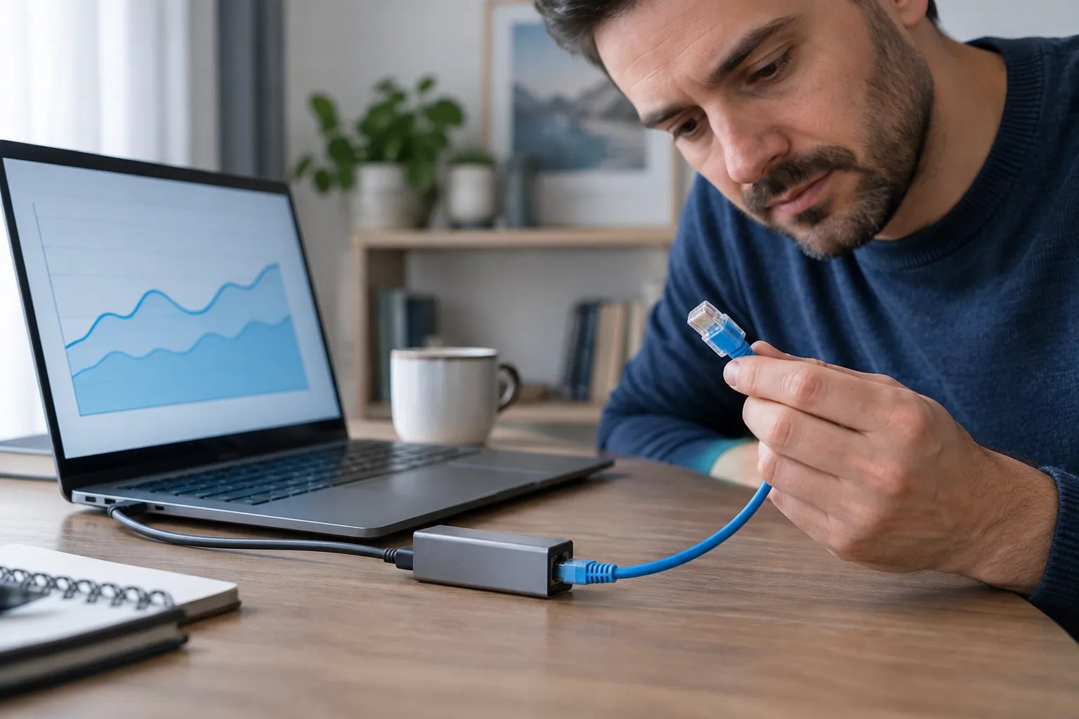 Personne vérifiant un câble Ethernet près d’un ordinateur affichant un graphique