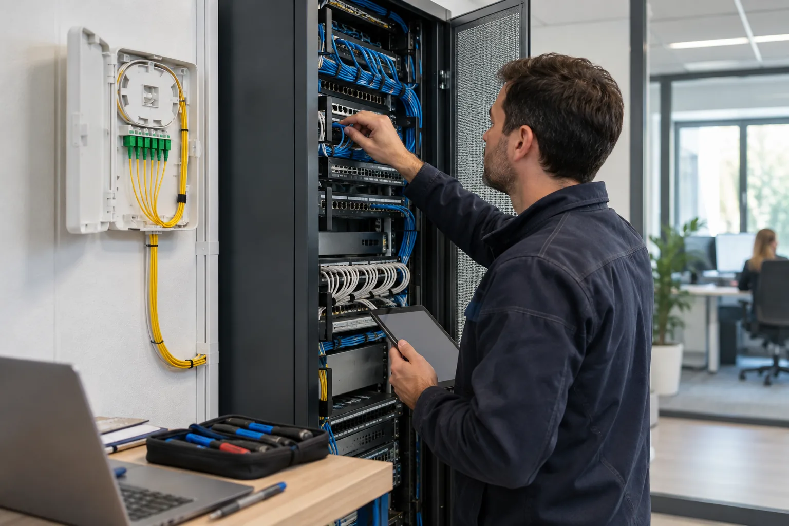 Technicien contrôlant une armoire réseau et un boîtier de terminaison fibre