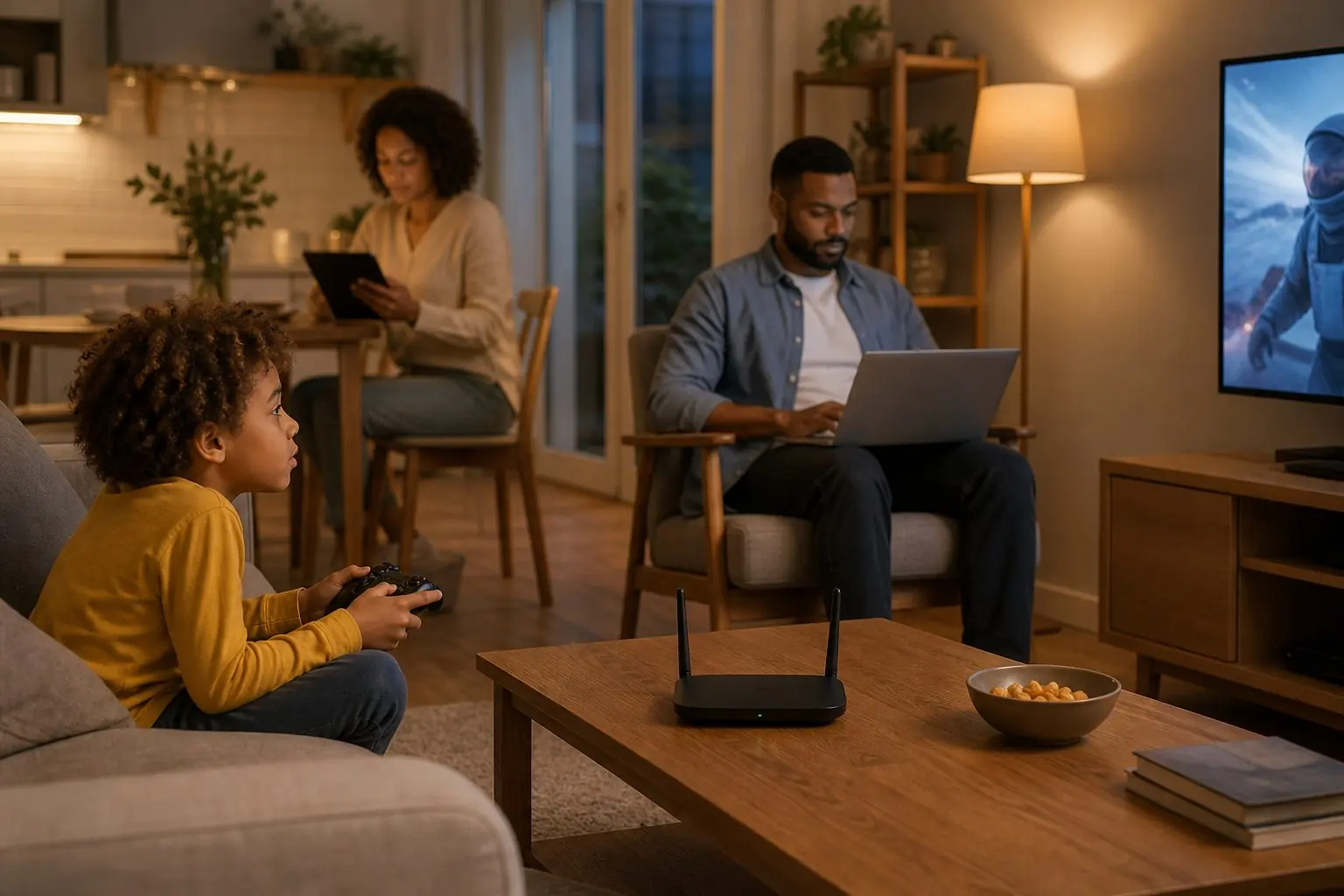 Famille utilisant ses appareils connectés dans un salon